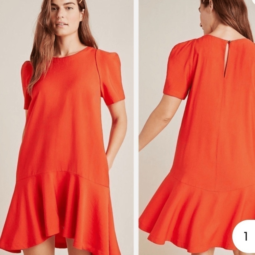 Anthropologie Red Floral Trim Textured Maeve Rousseau Flounced Dress 2